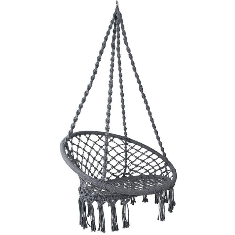 Vnitřní venkovní použití zavěšené židle Macrame pro dospělé nebo děti 100% ručně přenosné bavlněné houpací křeslo v šedé barvě