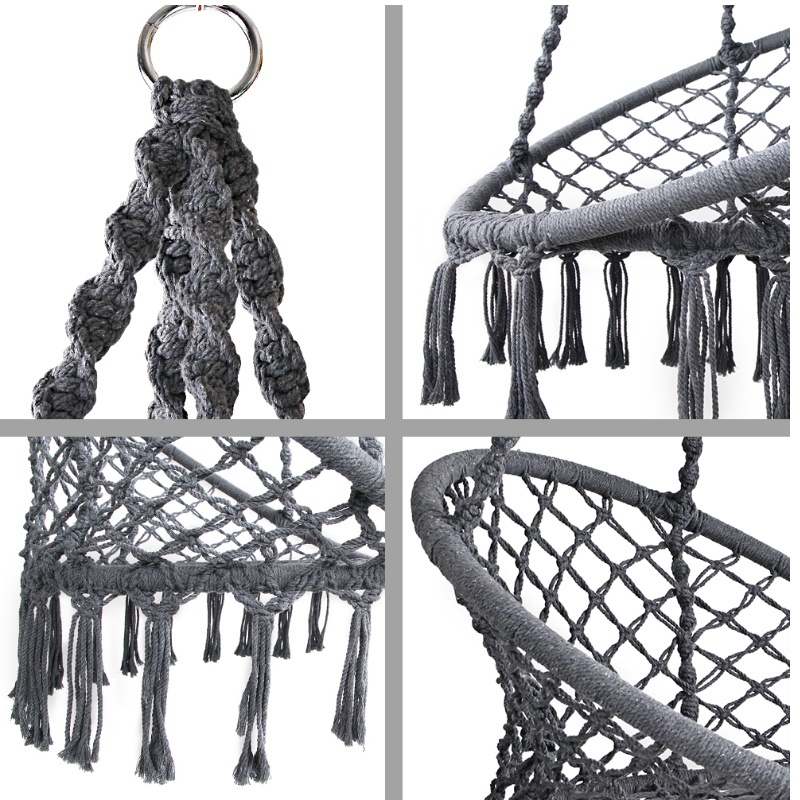 Vnitřní venkovní použití zavěšené židle Macrame pro dospělé nebo děti 100% ručně přenosné bavlněné houpací křeslo v šedé barvě