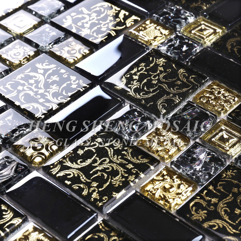 HDT02 Arabesque nový design zlatá linie laminované černé sklo umění květina mozaika vzor dlaždice do kuchyně backsplash zeď