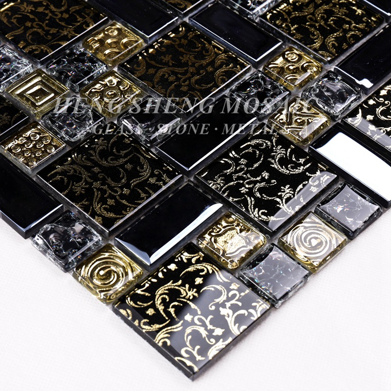 HDT02 Arabesque nový design zlatá linie laminované černé sklo umění květina mozaika vzor dlaždice do kuchyně backsplash zeď