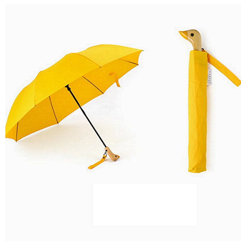 2019 Auto open Žlutá kachna na dřevěné rukojeti 2 skládací deštník