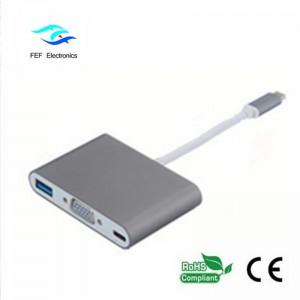 USB TYPE-C na USB3.0 female + VGA female + PD tři v jednom převodníku ABS shell Kód: FEF - USBIC-007