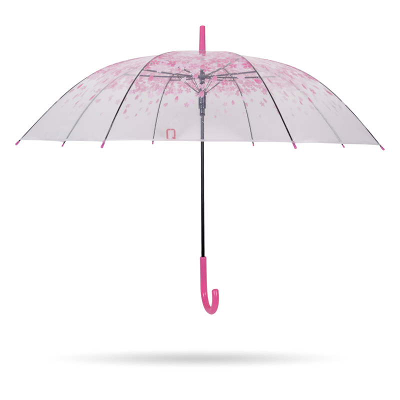 růžová sakura 23 '' 8k auto otevřená plastová rukojeť J průhledná poe rovný deštník