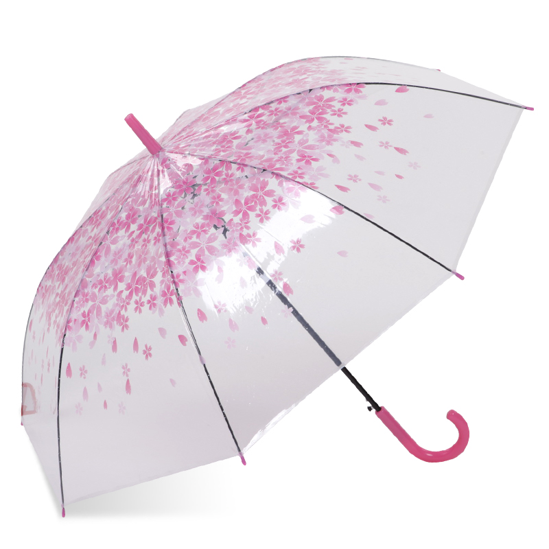růžová sakura 23 '' 8k auto otevřená plastová rukojeť J průhledná poe rovný deštník