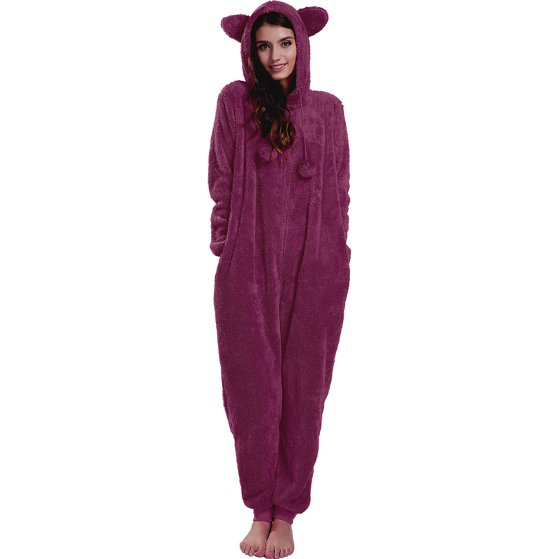 Ženy červené onesie pyžamo s kapucí se zvířecím uchem