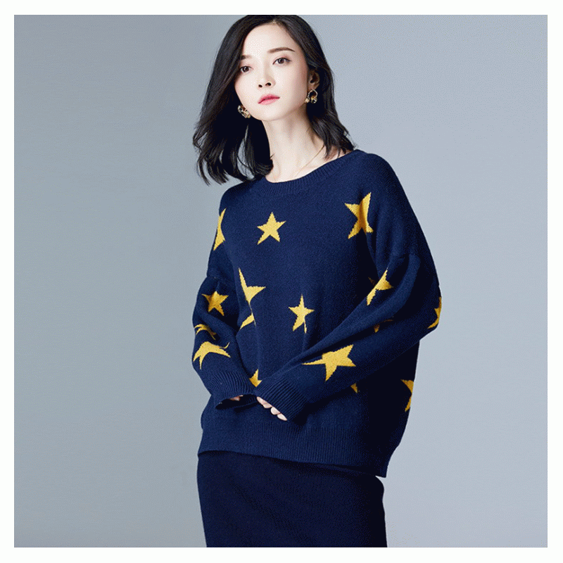 Dámský svetr s volnými hvězdami Jacquard pletený svetr