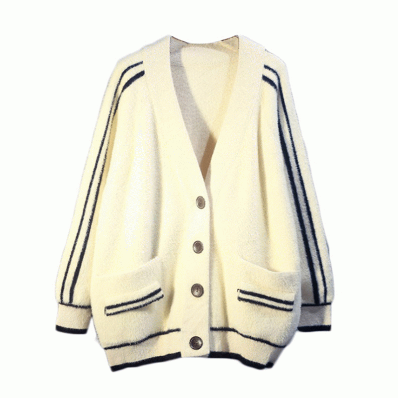2019 Nejnovější volná imitace Mink Stripes Jacquard Ladies Cardigan Sweater