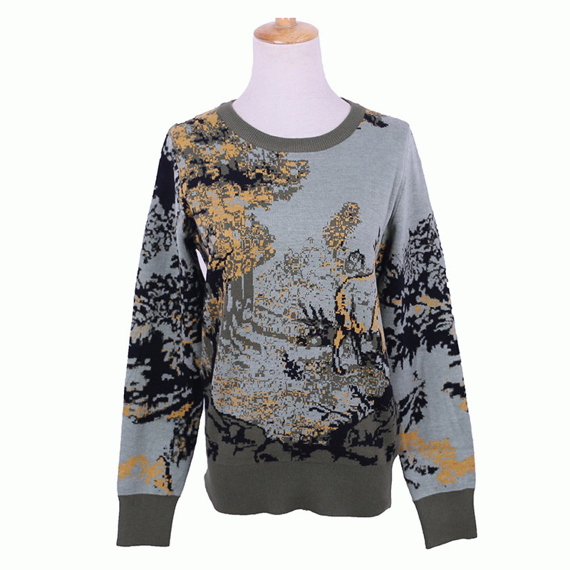 Zakázková dámská svetrová dámská svetrová bunda OEM ODM 100% Wool Army Green Jacquard Pullover