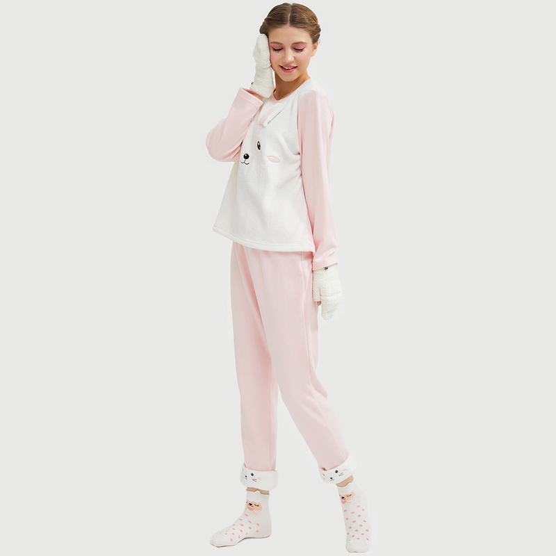 Ženy Flanel Fleece zvířecí vyšívací kočičí pyžamo Set
