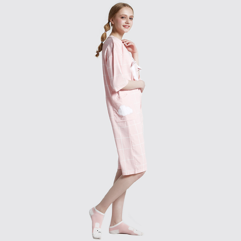 Ženy onesie růžové tištěné bavlněné dresy vyšívací pyžamo sada
