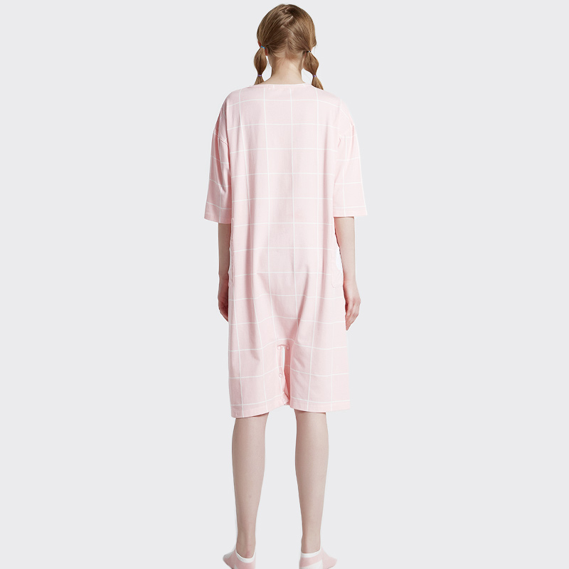 Ženy onesie růžové tištěné bavlněné dresy vyšívací pyžamo sada