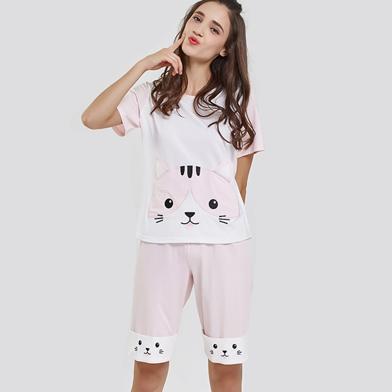Dámské vyšívací pyžamo Modal Jersey Fabric Cat
