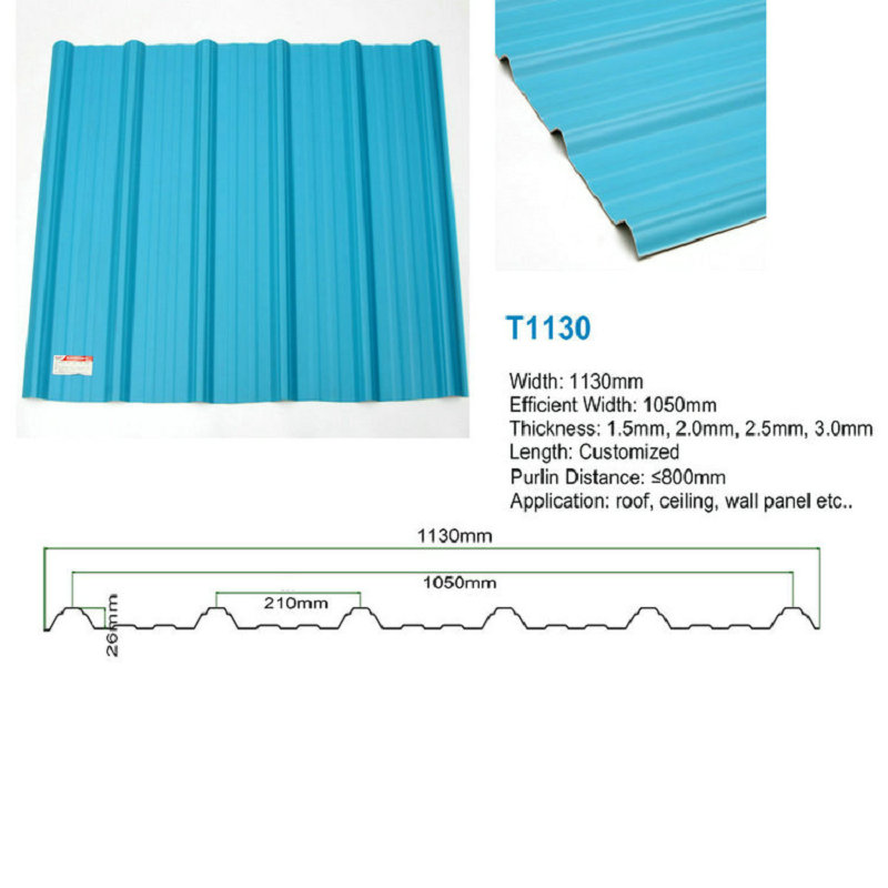 T1130 Modrá ASA PVC UPVC Střešní taška z trapézového vlnitého plastu