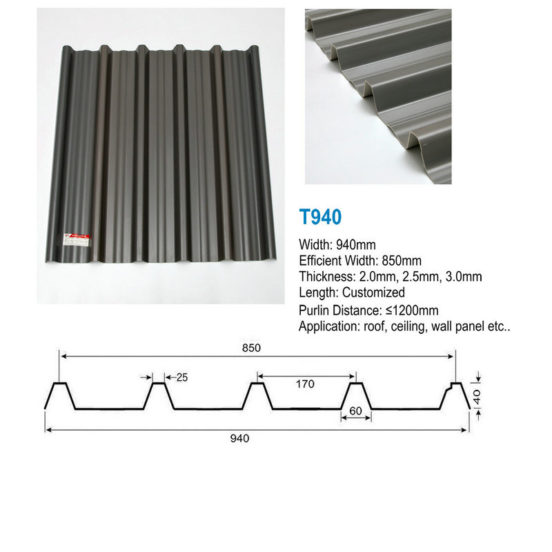 T940 Šedý vysoký vrchol ASA PVC UPVC Střešní taška z trapézového vlnitého plechu
