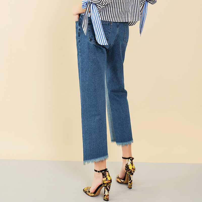 2019 New Arrival Fashion Rough Selvedge Hem Splicing Blue Džínové kalhoty Džíny Ženy