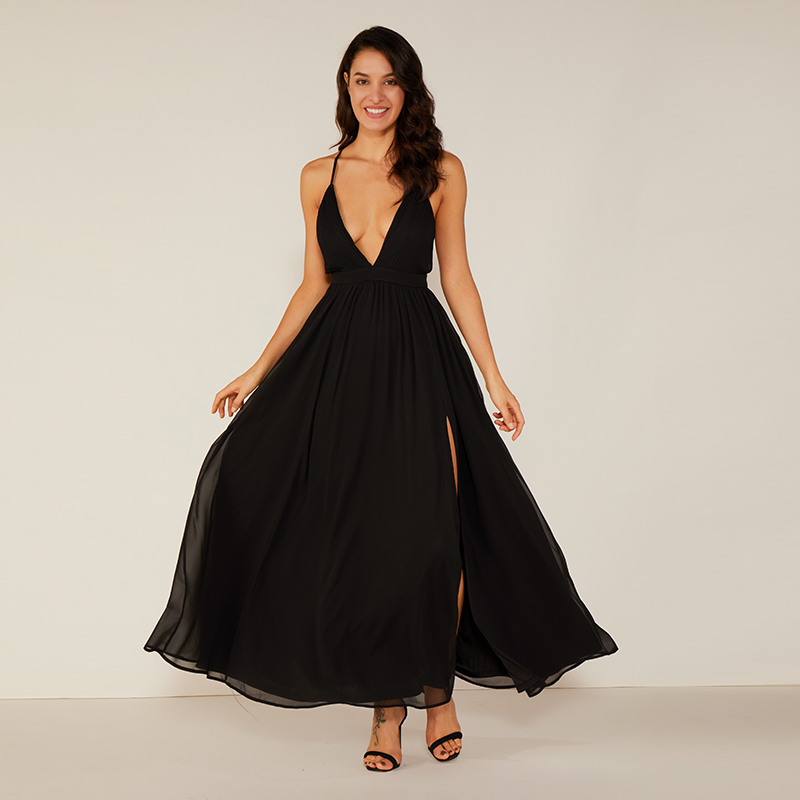 Vysoce kvalitní hluboké V černé večerní Maxi šaty šifónové sexy elegantní šaty