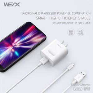 WEX - V50C 22,5 W HUAWEI Napájecí adaptér Superfast Charge, nabíječka na zeď, cestovní nabíječka spárovaná s kabelem 5A