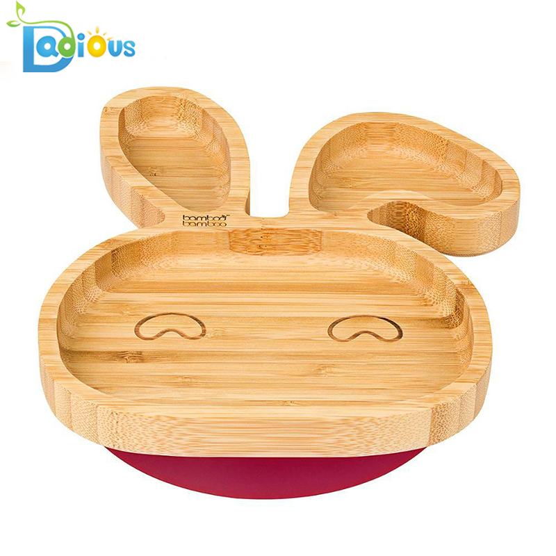 Baby Batole Rabbit Sací deska FDA Schválené Bambusové Baby Plate Ekologicky šetrné Dřevěné Batole Deska se Lžičkou