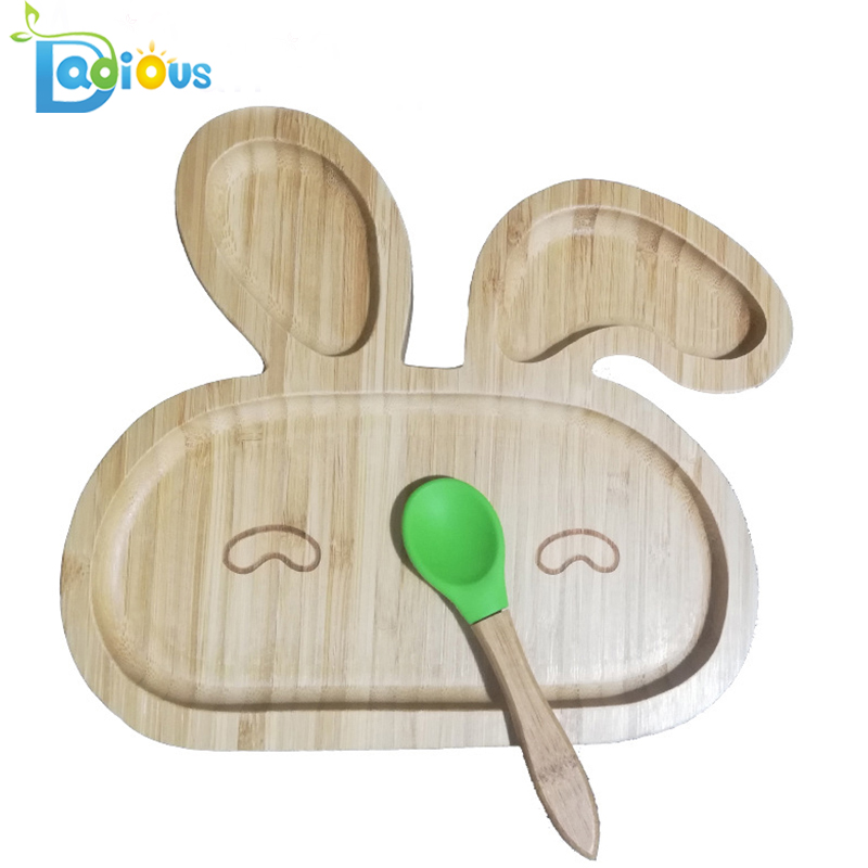 Baby Batole Rabbit Sací deska FDA Schválené Bambusové Baby Plate Ekologicky šetrné Dřevěné Batole Deska se Lžičkou