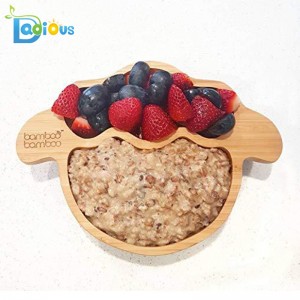 Nejnovější design Baby nádobí Batole krmení talíř a lžíce Set Divided Stay Put sací bambusový talíř