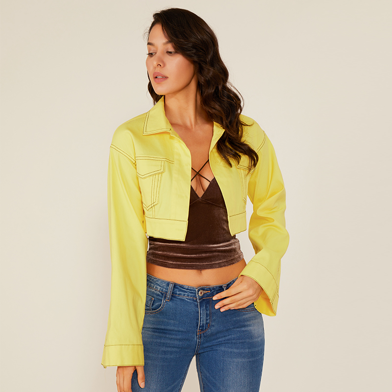 Ženy letní módní styl žlutá s dlouhým rukávem Neon Sexy krátká bunda