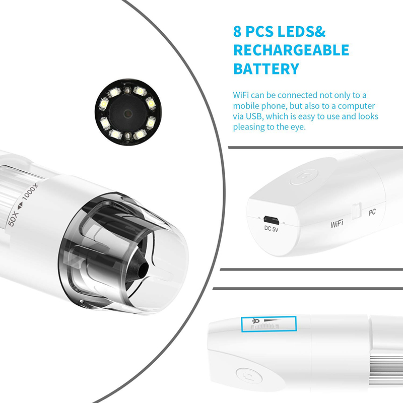 Bezdrátový digitální mikroskop 50x až 1000x, bezdrátový digitální mikroskop, flexibilní stojan pro pozorování paží s 1080p HD 2.0 MP 8 LED fotoaparátem, mini ruční mikroskop pro Android iOS PC