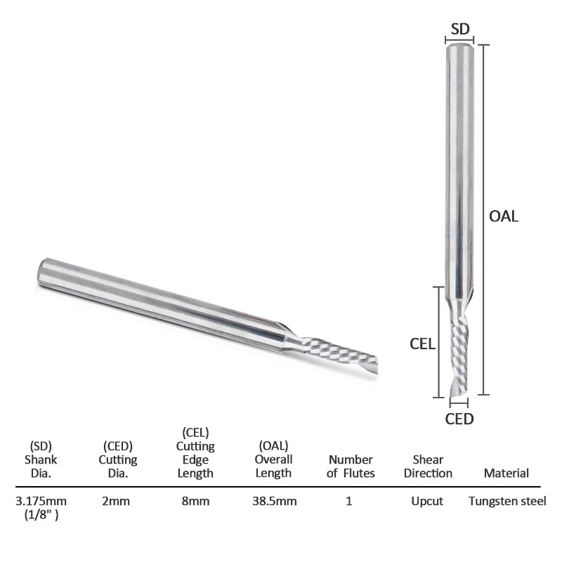 CNC frézovací bity, 1/8 ”stopka, spirálová upichovací fréza, fréza 1, fréza, fréza, 2 mm, řezání, jeden, flétna, wolframová ocel, gravírování, nástroj 8 mm CEL, 38,5 mm OAL pro MDF akrylové PVC