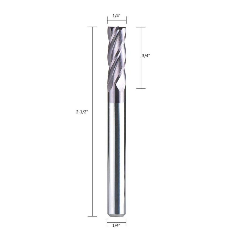 4 drážky CNC End Mill, čtyřhranná hlava s průměrem dříku 1/4 palce, celková délka 2-1 / 2 palce, spirálový frézovací vrták s potahem