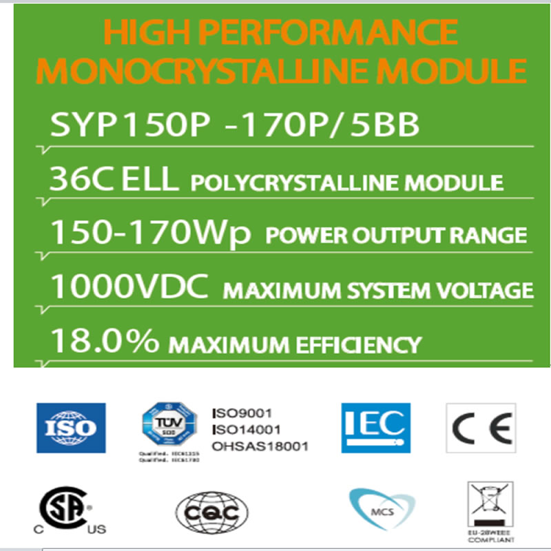 VYSOKÝ VÝKONNÝ MODUL MONOCRYSTALLINE SYP150P -170P / 5BB 36C ELL POLYCRYSTALLINE MODUL