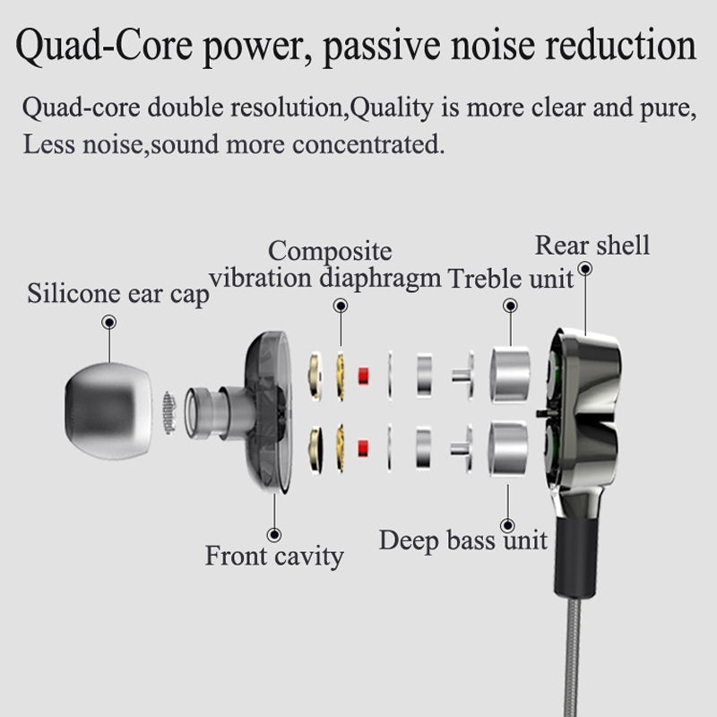 Vysoce kvalitní duální ovladač Deep Bass Stereo do uší HiFi kabelové ucho