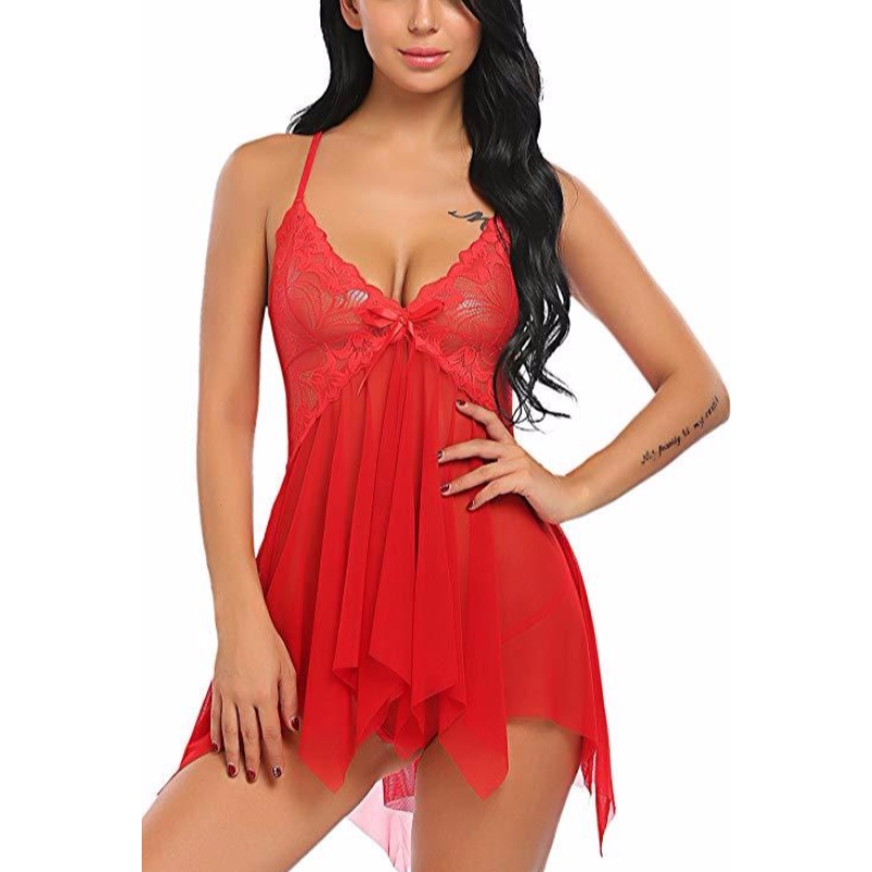 Dámské spodní prádlo Lace Babydoll V Neck Sleepwear Strap Chemise rose-team