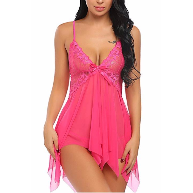 Ženy Sexy spodní prádlo Lace Babydoll V Neck Sleepwear Strap Chemise v několika barvách růže-tým