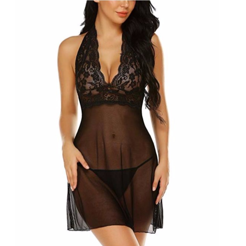 Dámské spodní prádlo Halter Chemise Lace Babydoll Mesh Nightwear V Neck Teddy Rose-team