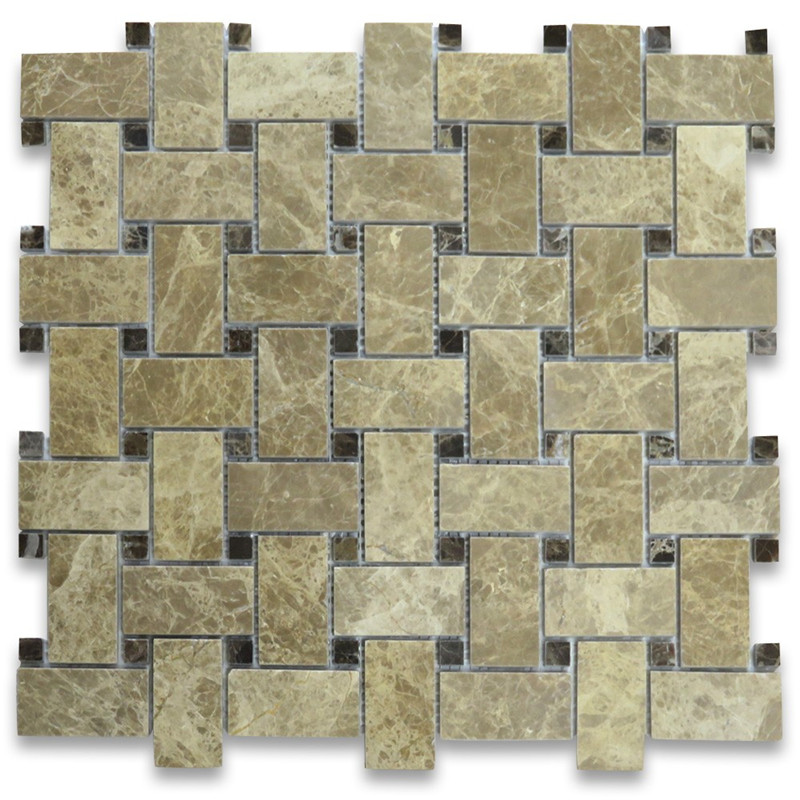 Emperador Light 1x2 Basketweave Mosaic Tile w Emperador Dark Dots Leštěné