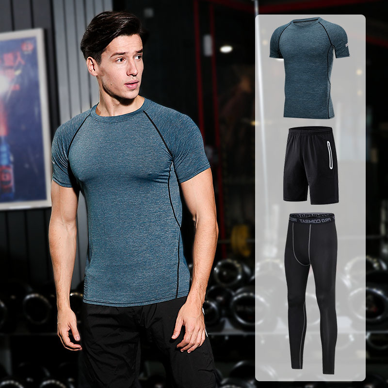 FDMM003-3 Pánský fitness oblek, tričko + volné kraťasy + těsné kalhoty pro běh