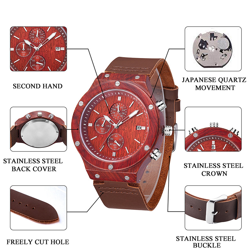 2019 Nové červené měkké kožené řemeny ze santalového dřeva s náramkem na hodinky