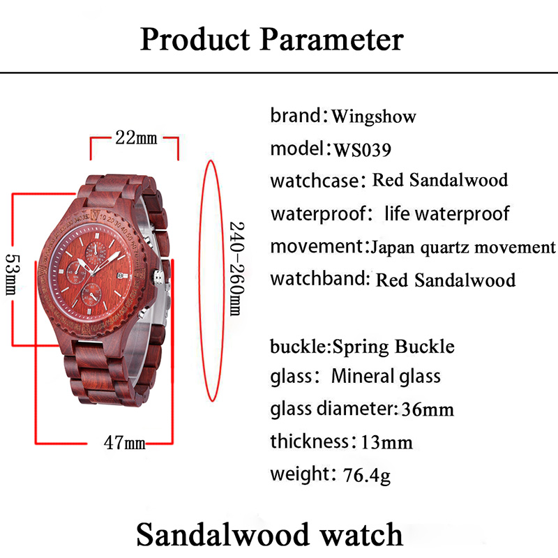 Klasické velké ciferník křemenný červený santalové dřevo hodinky