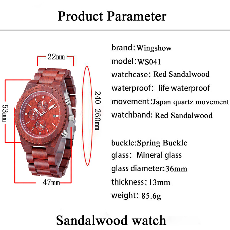 Červené santalové dřevo vodotěsné hodinky s datum zobrazení módní křemenné hodinky