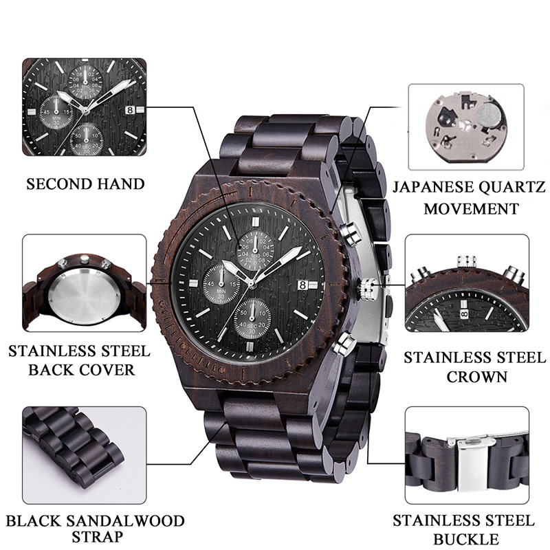 Dřevěné hodinky pánské chronograf černé multifunkční ekologické hodinky z přírodního dřeva