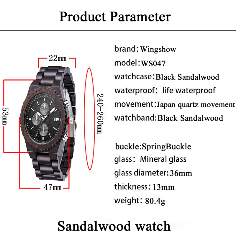 Dřevěné hodinky pánské chronograf černé multifunkční ekologické hodinky z přírodního dřeva