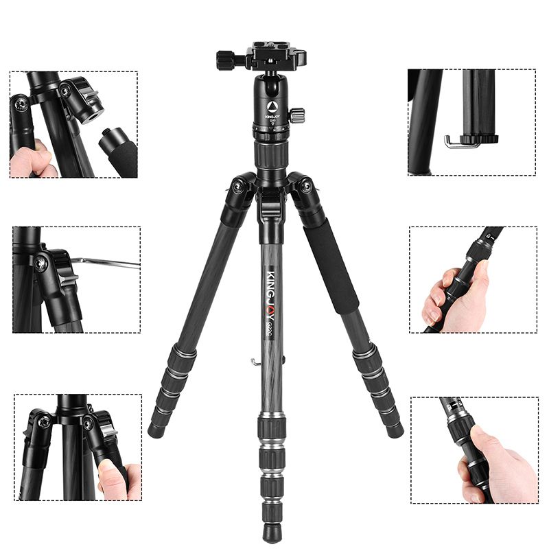 KINGJOY 5dílná hliníková přenosná skládací lehká twist lock fotoaparátová stativová sada s kuličkovou hlavou pro DSLR