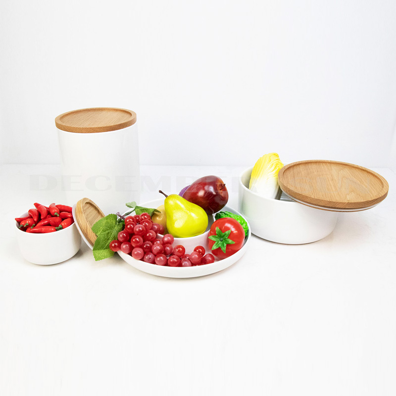 Velkoobchodní keramika s dřevěným víkem kuchyňské příslušenství
