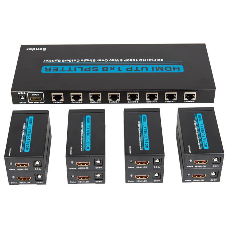 8 portů HDMI UTP 1x8 splitter přes jediný Cat5e / 6 s 8 přijímači do 60 metrů