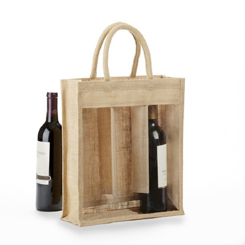 SGS52 Custom Printed Ecofriendly 3 Bottle Juta Wine Bottle Tote Nákupní tašky s oknem