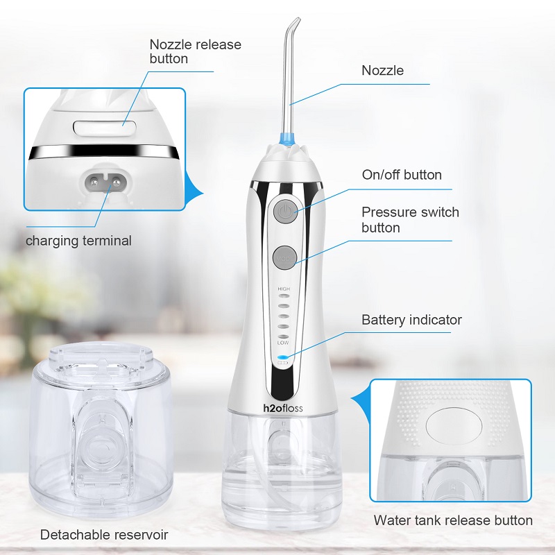 H2ofloss Water Flosser Professional Akumulátorový dentální ústní zavlažovač - přenosný a dobíjecí IPX7 voděodolný vodní flossing pro čištění zubů, 300ml nádrž a cestování (HF-2)