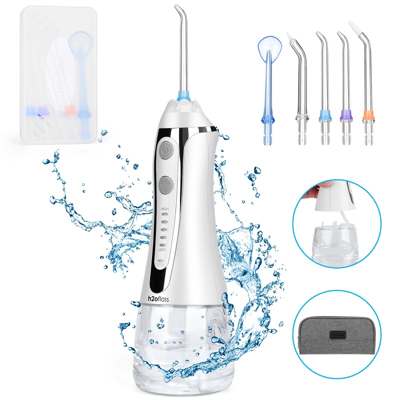 H2ofloss Water Flosser Professional Akumulátorový dentální ústní zavlažovač - přenosný a dobíjecí IPX7 voděodolný vodní flossing pro čištění zubů, 300ml nádrž a cestování (HF-2)