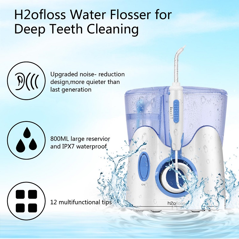 H2ofloss dentální voda flosser pro čištění zubů s 12 multifunkčními tipy a 800ml, profesionální stolní ústní zavlažovač Tichý design