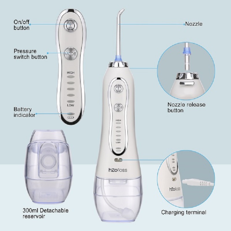 H2ofloss Water Flosser Professional Akumulátorový dentální ústní zavlažovač - přenosný a dobíjecí voděodolný IPX7 voděodolný voděodolný prostředek pro čištění zubů, 300ml nádrž a cestování (HF-6)