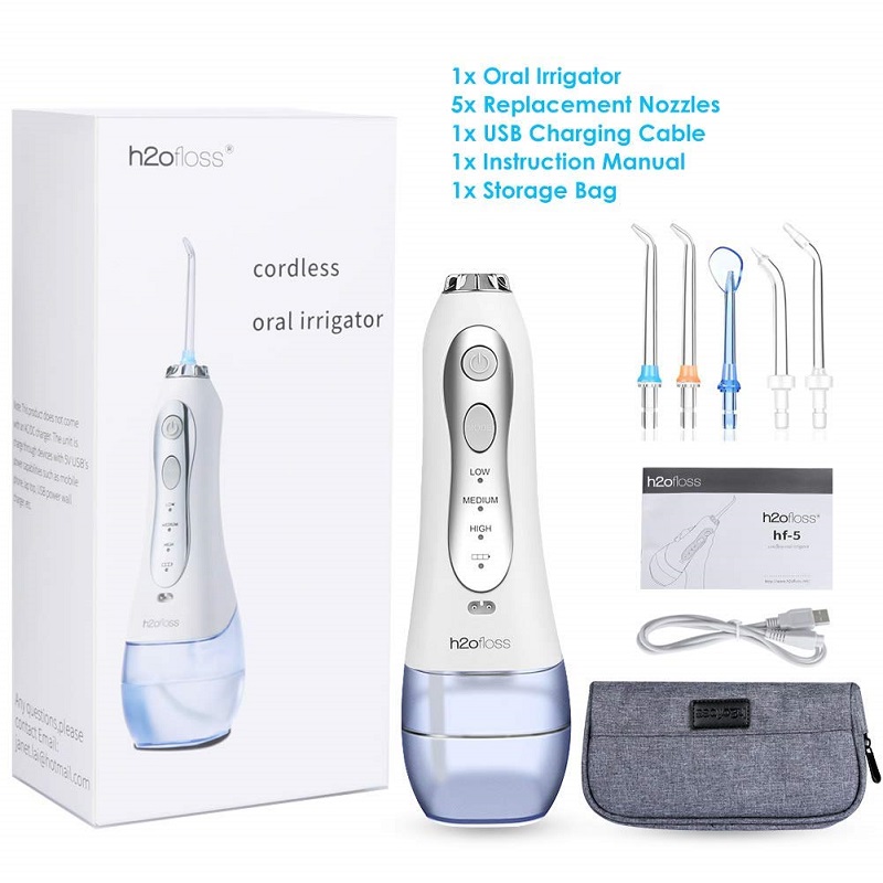 H2ofloss Water Flosser Professional Akumulátorový dentální ústní zavlažovač - přenosný a dobíjecí voděodolný IPX7 voděodolný voděodolný prostředek pro čištění zubů, 300ml nádrž a cestování (HF-5)