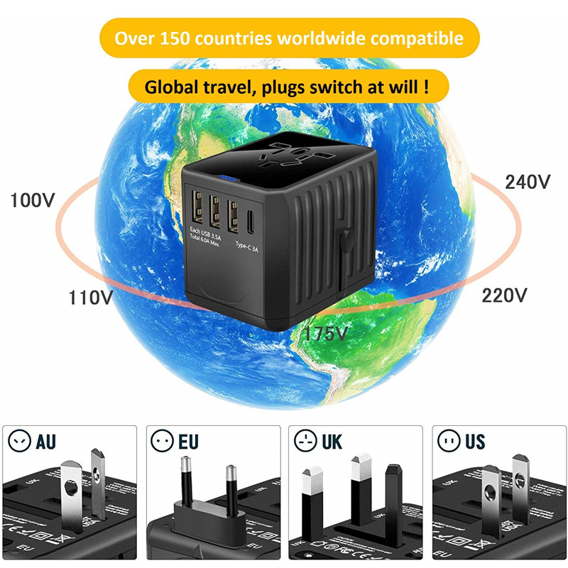 RRTRAVEL International Travel Adapter Univerzální napájecí adaptér po celém světě Vše v jednom 4 USB s elektrickou zástrčkou Ideální pro evropské země USA, EU, UK, AU 160